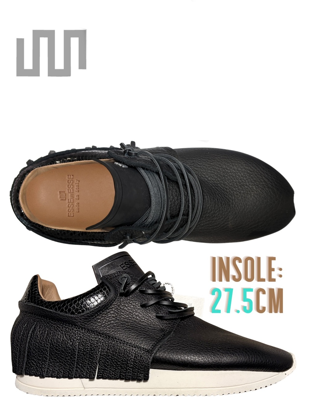 ESSEutESSE new Black Fringe Embossed Snakeskin Leather Lace Sneakers + Box
